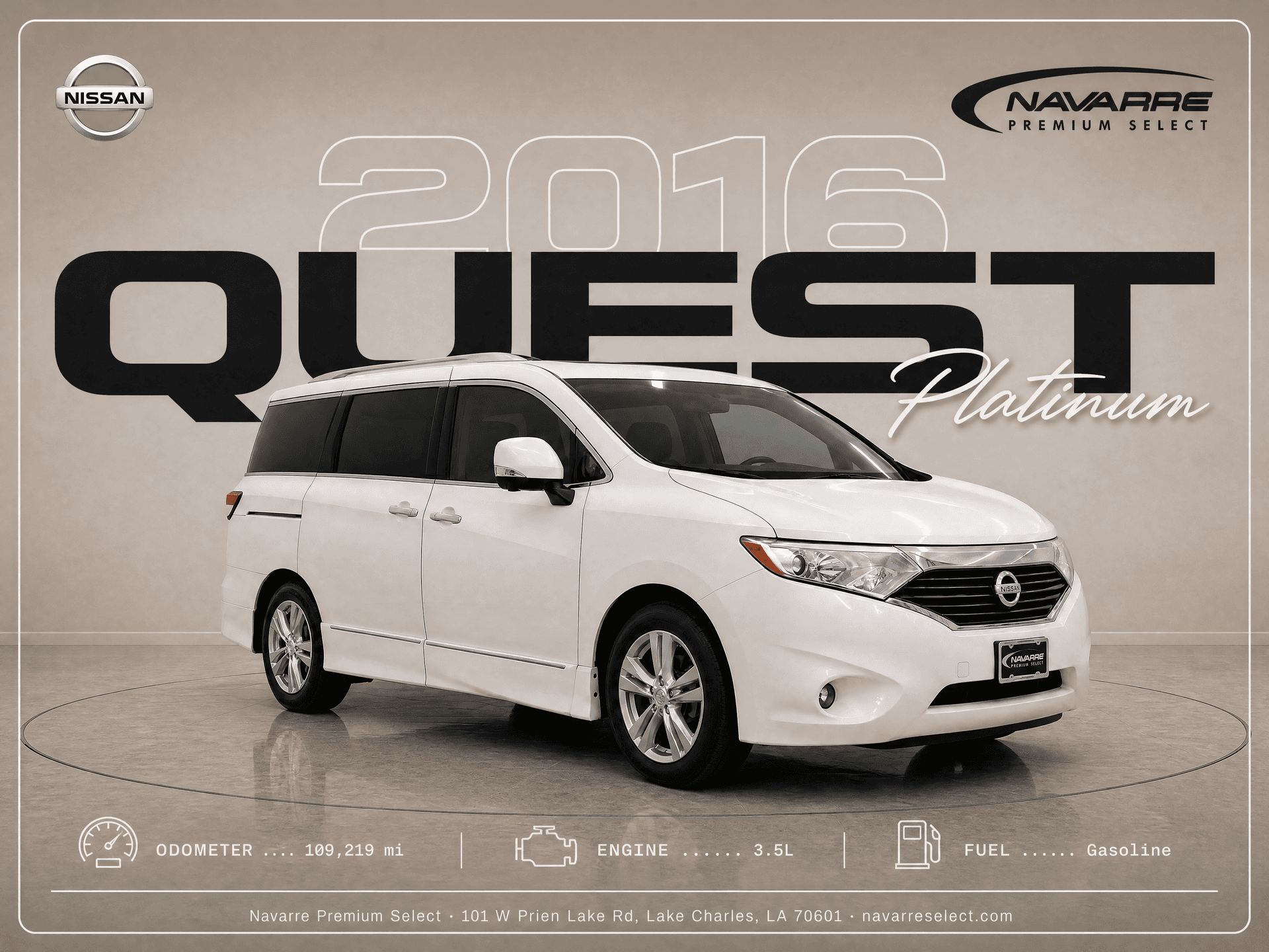2016 Nissan Quest Platinum, front three-quarter view